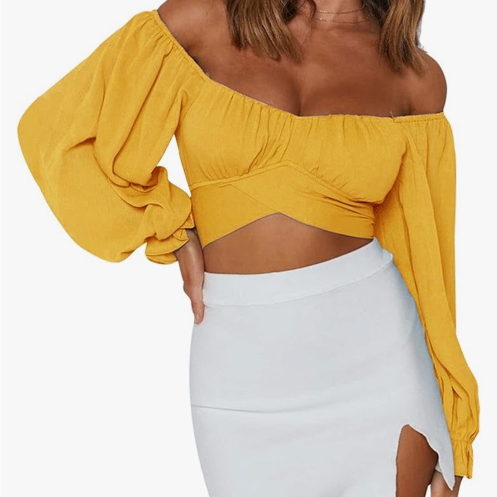 LYANER Women's Cute Off Shoulder Long Sleeve Self Tie Knot Crop Tube Top Blouse